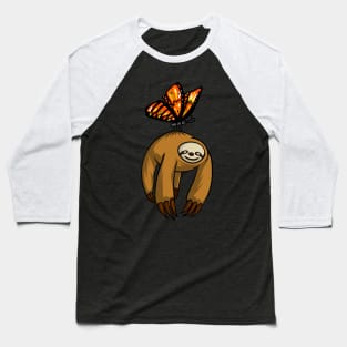 Lazy Sloth And Butterfly Funny Forest Nature Baseball T-Shirt